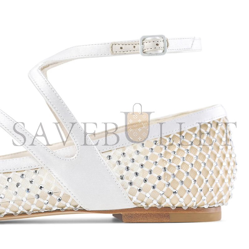 JIMMY CHOO ASTORIA FLAT WHITE CRYSTAL MESH SATIN FLATS ASTORIAFLATQHS